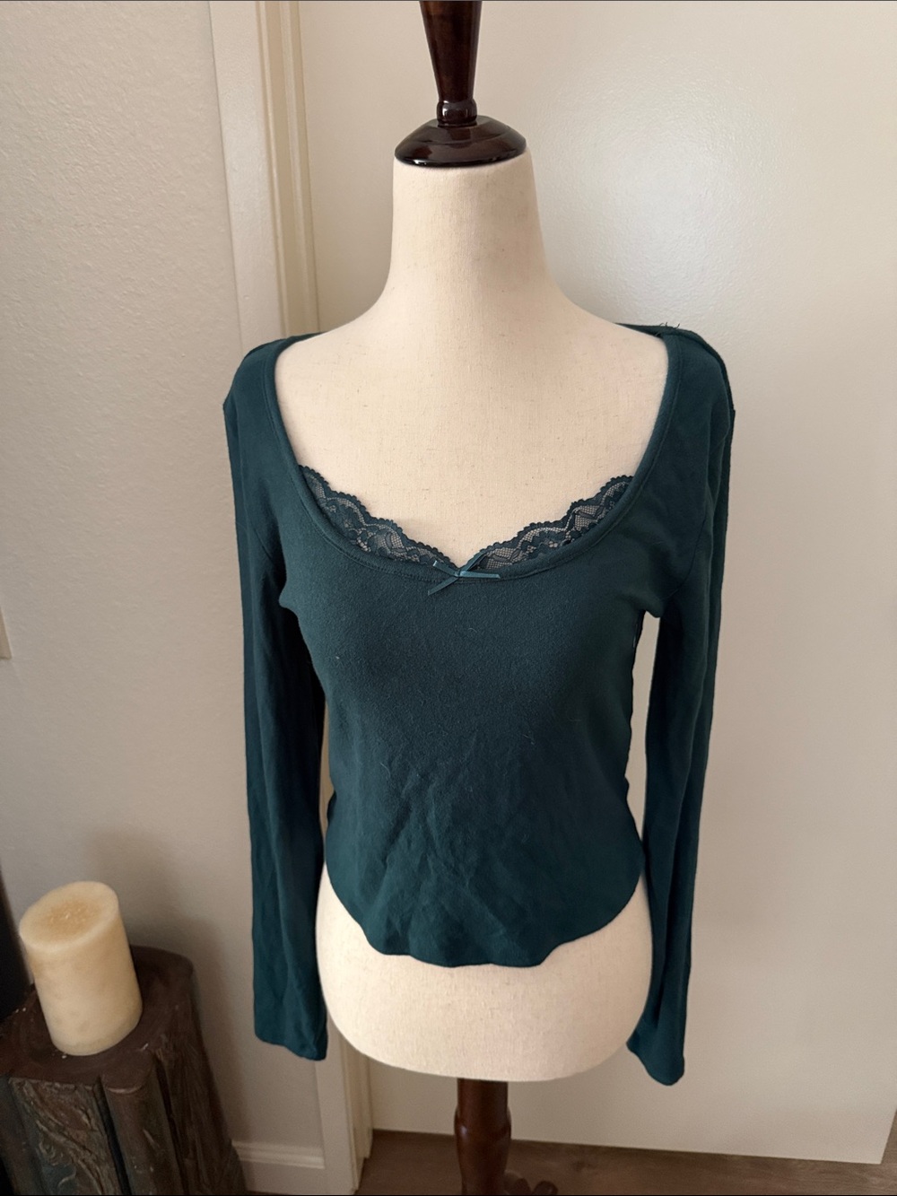 Long-Sleeve Lace-Trim Scoop Neck Top in Deep Teal